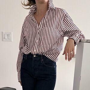 burgundy striped button-down collared shirt